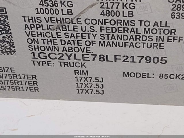 Продаж на аукціоні авто 2020 Chevrolet Silverado 2500hd 4wd  Long Bed Wt, vin: 1GC2YLE78LF217905, номер лоту: 46236310