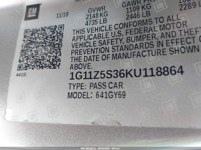 Aukcja sprzedaży 2019 Chevrolet Impala Lt, vin: 1G11Z5S36KU118864, numer aukcji: 46236312