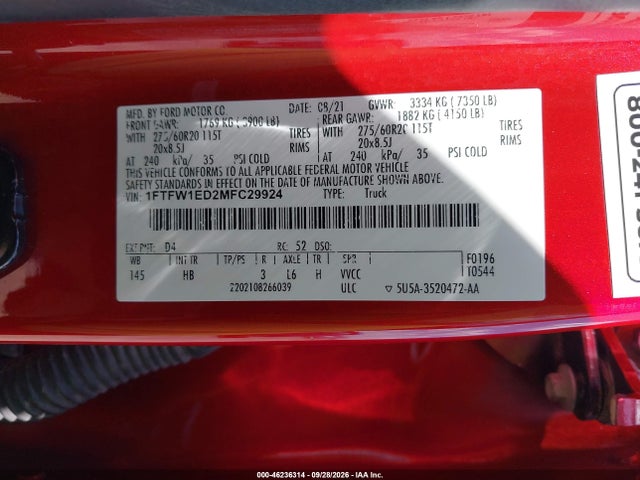 Продажа на аукционе авто 2021 Ford F-150 Lariat, vin: 1FTFW1ED2MFC29924, номер лота: 46236314