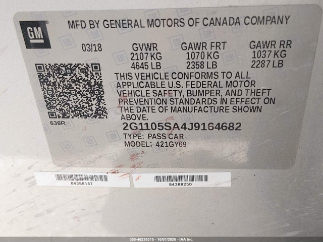 46236315 :رقم المزاد ، 2G1105SA4J9164682 vin ، 2018 Chevrolet Impala 1lt مزاد بيع