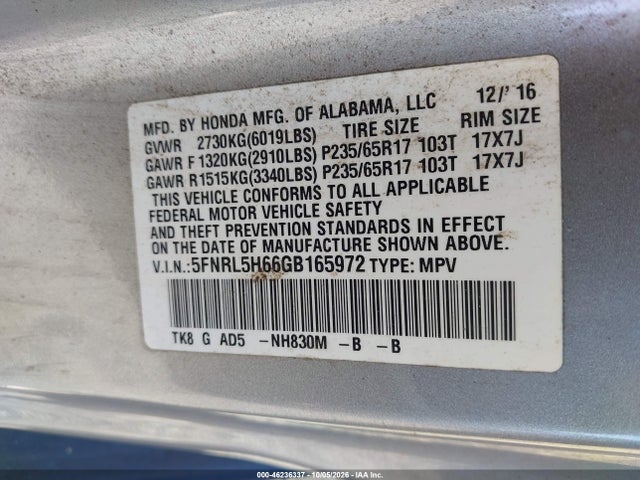 Продаж на аукціоні авто 2016 Honda Odyssey Ex-l, vin: 5FNRL5H66GB165972, номер лоту: 46236337
