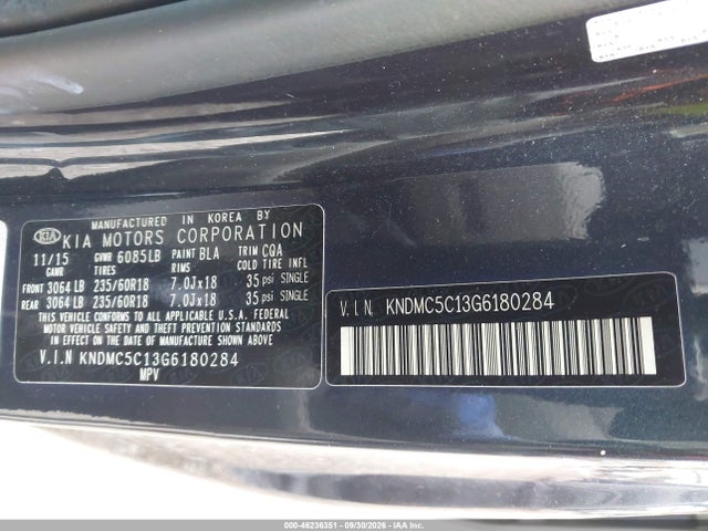 2016 Kia Sedona Ex მანქანა იყიდება აუქციონზე, vin: KNDMC5C13G6180284, აუქციონის ნომერი: 46236351
