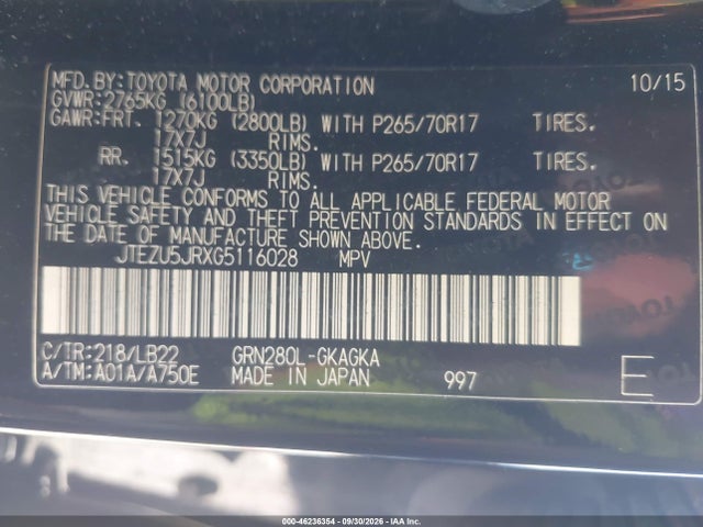 Toyota 4runner Sr5 Premium 2016 JTEZU5JRXG5116028 Image 9