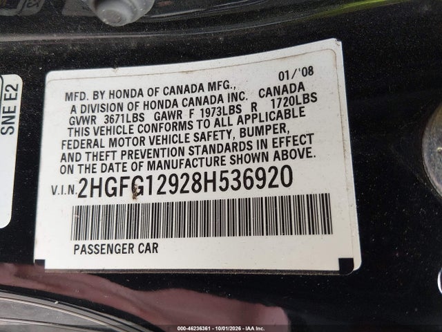 Aukcja sprzedaży 2008 Honda Civic Ex-l, vin: 2HGFG12928H536920, numer aukcji: 46236361