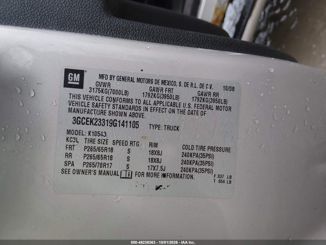 Aukcja sprzedaży 2009 Chevrolet Silverado 1500 Lt, vin: 3GCEK23319G141105, numer aukcji: 46236363