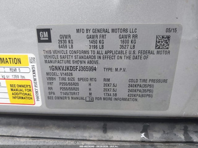 Продажа на аукционе авто 2015 Chevrolet Traverse Ltz, vin: 1GNKVJKD5FJ365994, номер лота: 46236365