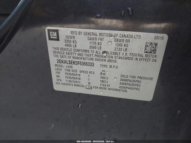 2015 Gmc Terrain Slt-1 მანქანა იყიდება აუქციონზე, vin: 2GKALSEK5F6366333, აუქციონის ნომერი: 46236366
