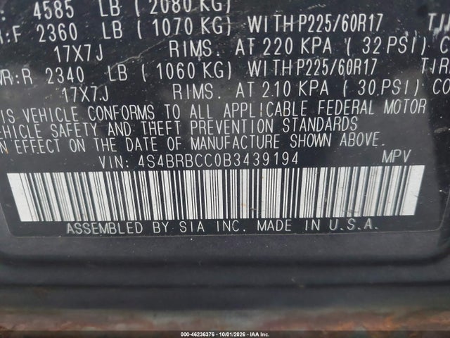2011 Subaru Outback 2.5i Premium მანქანა იყიდება აუქციონზე, vin: 4S4BRBCC0B3439194, აუქციონის ნომერი: 46236376