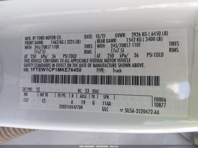 46236383 :رقم المزاد ، 1FTEW1CP1MKE76450 vin ، 2021 Ford F-150 Xl مزاد بيع