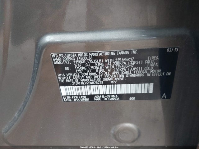 46236388 :رقم المزاد ، 2T3RFREV2DW025238 vin ، 2013 Toyota Rav4 Xle مزاد بيع