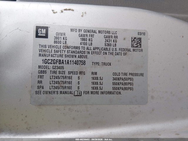 2010 Chevrolet Express 2500 Work Van მანქანა იყიდება აუქციონზე, vin: 1GCZGFBA1A1140758, აუქციონის ნომერი: 46236402