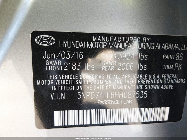 5NPD74LF6HH087535 Hyundai ELANTRA SE