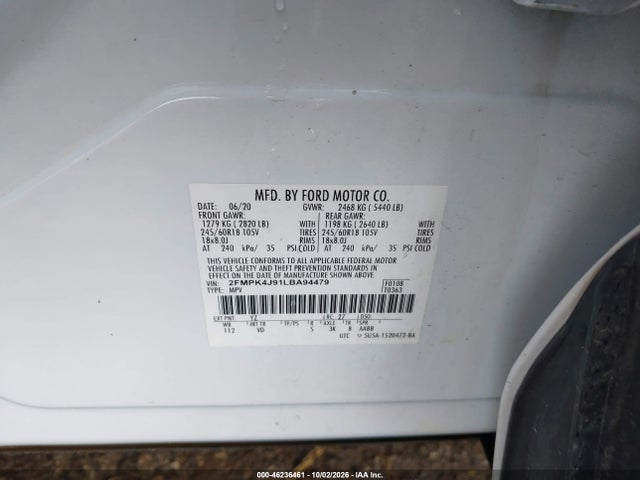 Продажа на аукционе авто 2020 Ford Edge Sel, vin: 2FMPK4J91LBA94479, номер лота: 46236461