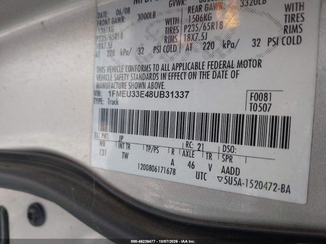 Продаж на аукціоні авто 2008 Ford Explorer Sport Trac Limited, vin: 1FMEU33E48UB31337, номер лоту: 46236477