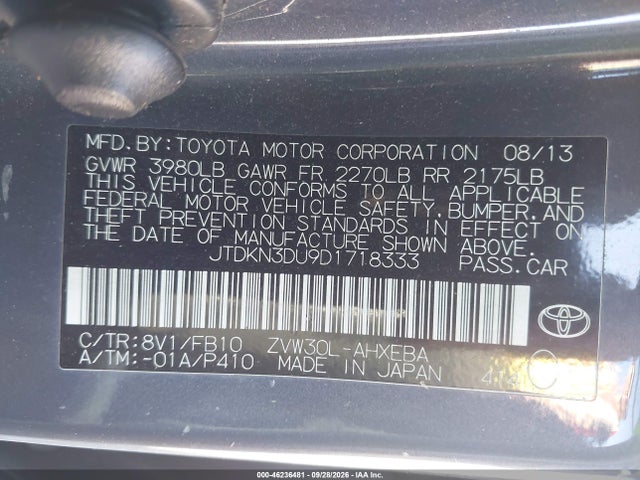 2013 Toyota Prius Three მანქანა იყიდება აუქციონზე, vin: JTDKN3DU9D1718333, აუქციონის ნომერი: 46236481