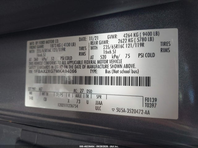 2021 Ford Transit-350 Passenger Van Xl მანქანა იყიდება აუქციონზე, vin: 1FBAX2XG7MKA94066, აუქციონის ნომერი: 46236484