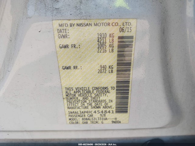 Aukcja sprzedaży 2015 Nissan Altima 2.5 Sv, vin: 1N4AL3AP4FC454841, numer aukcji: 46236496