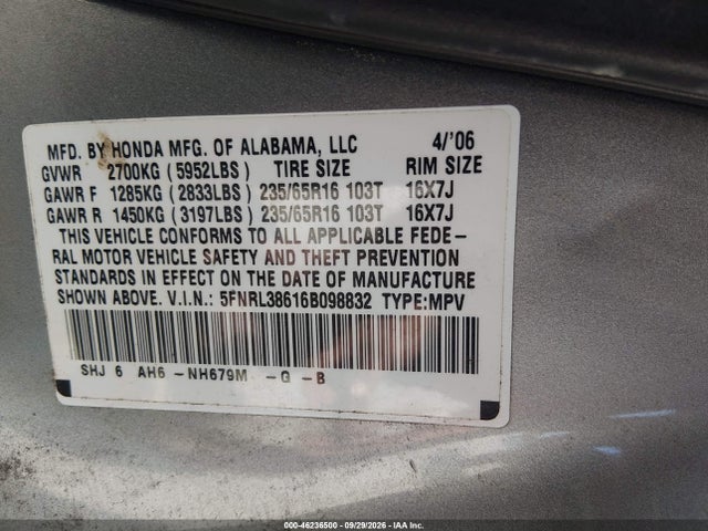 Продажа на аукционе авто 2006 Honda Odyssey Ex-l, vin: 5FNRL38616B098832, номер лота: 46236500
