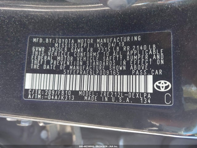 Aukcja sprzedaży 2020 Toyota Corolla Le, vin: 5YFEPRAE6LP009165, numer aukcji: 46236508