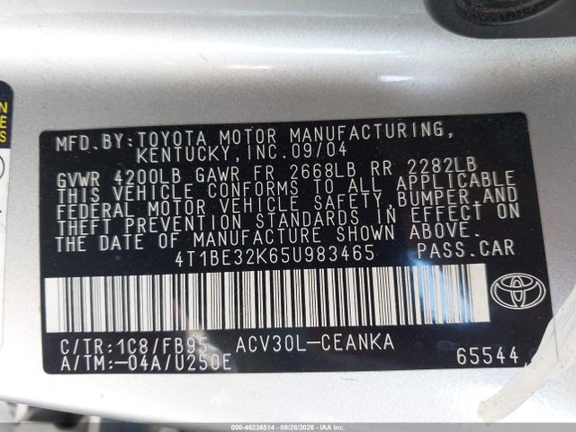 Продажа на аукционе авто 2005 Toyota Camry Le, vin: 4T1BE32K65U983465, номер лота: 46236514