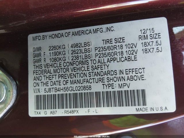 Продажа на аукционе авто 2016 Acura Rdx Technology   Acurawatch Plus Packages/technology Package, vin: 5J8TB4H56GL020858, номер лота: 46236522