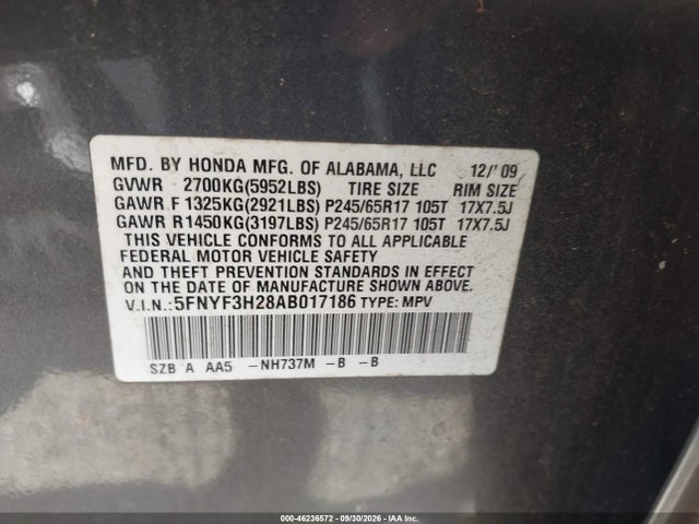 Aukcja sprzedaży 2010 Honda Pilot Lx, vin: 5FNYF3H28AB017186, numer aukcji: 46236572