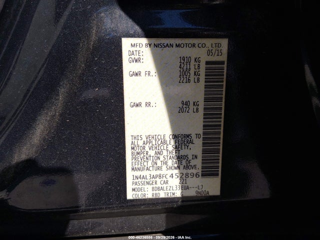 Aukcja sprzedaży 2015 Nissan Altima 2.5 S, vin: 1N4AL3AP8FC452896, numer aukcji: 46236586