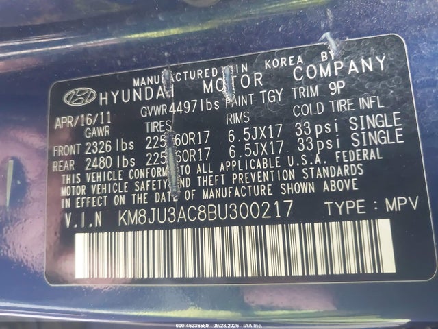 Продаж на аукціоні авто 2011 Hyundai Tucson Gls, vin: KM8JU3AC8BU300217, номер лоту: 46236589