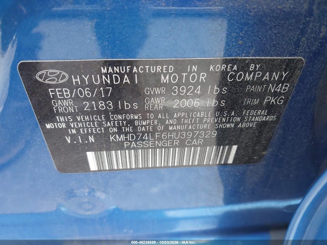 2017 Hyundai Elantra Se მანქანა იყიდება აუქციონზე, vin: KMHD74LF6HU397329, აუქციონის ნომერი: 46236599
