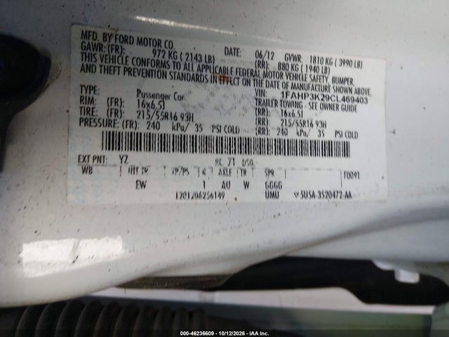 Aukcja sprzedaży 2012 Ford Focus Se, vin: 1FAHP3K29CL469403, numer aukcji: 46236609