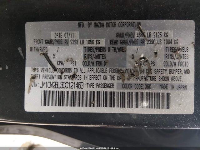 2012 Mazda Mazda5 Sport მანქანა იყიდება აუქციონზე, vin: JM1CW2BL3C0121463, აუქციონის ნომერი: 46236621