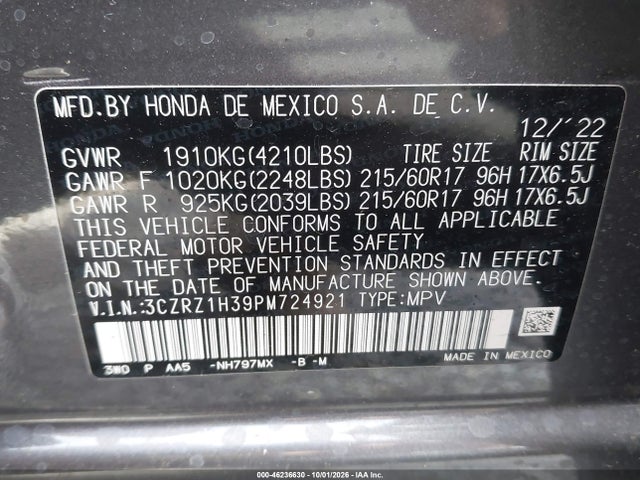 3CZRZ1H39PM724921 Honda Hr-v 2wd Lx