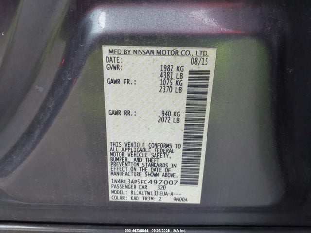 Продажа на аукционе авто 2015 Nissan Altima 3.5 S/3.5 Sl/3.5 Sv, vin: 1N4BL3AP5FC497007, номер лота: 46236644