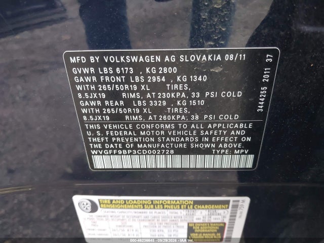 Продажа на аукционе авто 2012 Volkswagen Touareg Vr6 Lux, vin: WVGFF9BP3CD002728, номер лота: 46236645