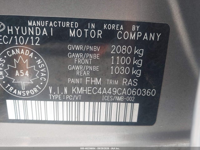 Aukcja sprzedaży 2012 Hyundai Sonata Hybrid Premium, vin: KMHEC4A49CA060360, numer aukcji: 46236654