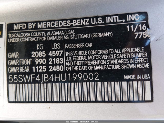 Продаж на аукціоні авто 2017 Mercedes-benz C 300, vin: 55SWF4JB4HU199002, номер лоту: 46236657