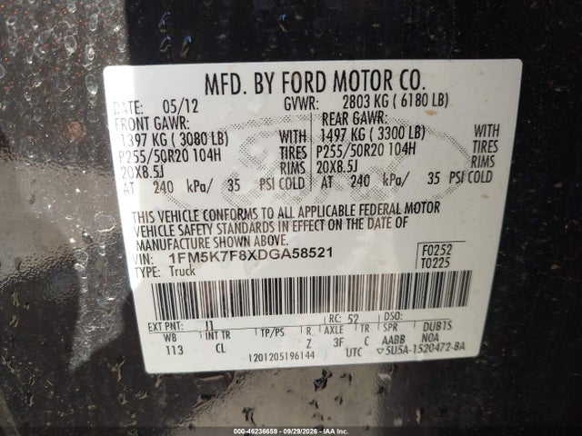 46236659 :رقم المزاد ، 1FM5K7F8XDGA58521 vin ، 2013 Ford Explorer Limited مزاد بيع