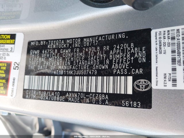 46236662 :رقم المزاد ، 4T1B11HK3JU507479 vin ، 2018 Toyota Camry Xle مزاد بيع