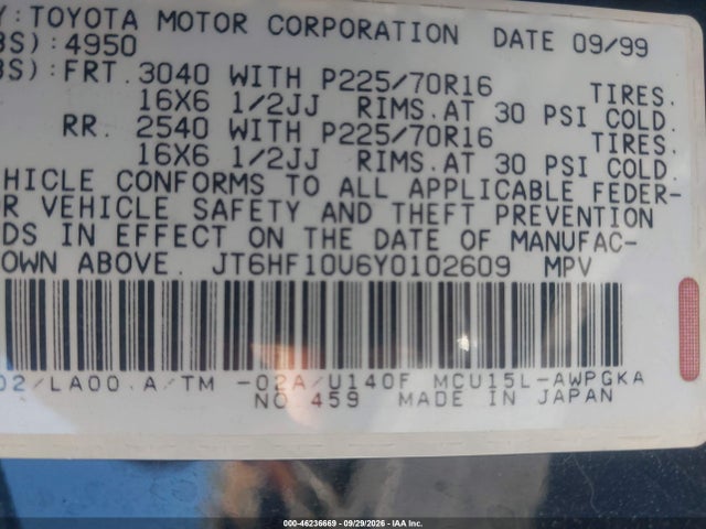 46236669 :رقم المزاد ، JT6HF10U6Y0102609 vin ، 2000 Lexus Rx 300 مزاد بيع