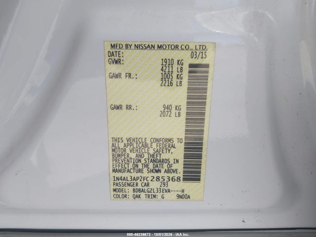46236672 :رقم المزاد ، 1N4AL3AP2FC285368 vin ، 2015 Nissan Altima 2.5 S مزاد بيع