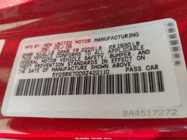 46236680 :رقم المزاد ، 5Y2SR67009Z422110 vin ، 2009 Pontiac Vibe Gt مزاد بيع