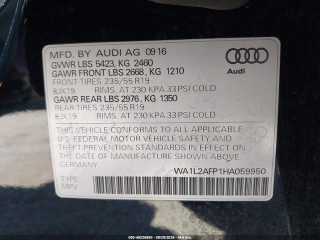 Продаж на аукціоні авто 2017 Audi Q5 2.0t Premium, vin: WA1L2AFP1HA059950, номер лоту: 46236690