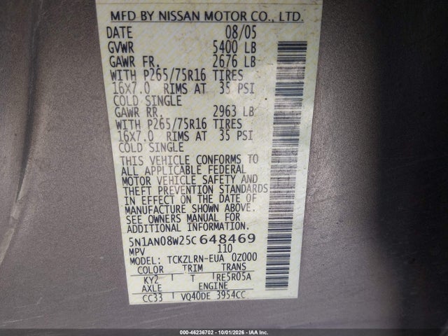Продаж на аукціоні авто 2005 Nissan Xterra Off Road, vin: 5N1AN08W25C648469, номер лоту: 46236702