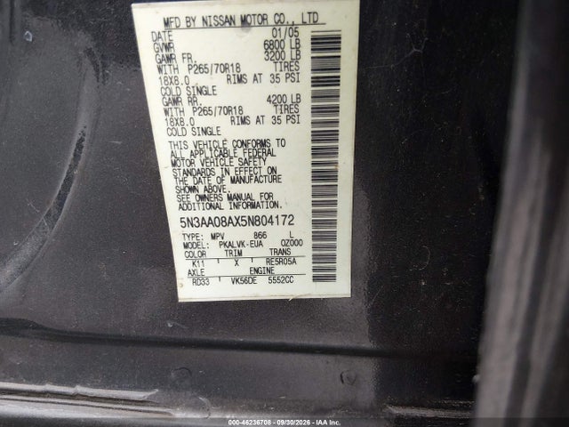 46236708 :رقم المزاد ، 5N3AA08AX5N804172 vin ، 2005 Infiniti Qx56 مزاد بيع