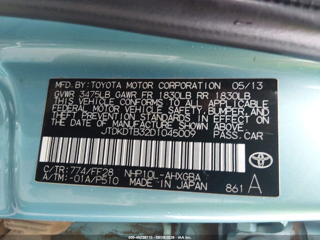 Aukcja sprzedaży 2013 Toyota Prius C Three, vin: JTDKDTB32D1045009, numer aukcji: 46236710