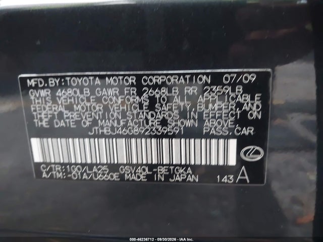 Продаж на аукціоні авто 2009 Lexus Es 350, vin: JTHBJ46G892339591, номер лоту: 46236712