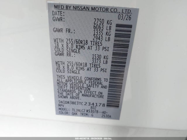 Продаж на аукціоні авто 2026 Nissan Pathfinder Sv, vin: 5N1DR3BE3TC234178, номер лоту: 46236716