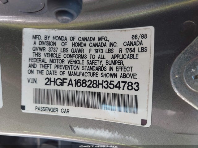 46236723 :رقم المزاد ، 2HGFA16828H354783 vin ، 2008 Honda Civic Ex مزاد بيع