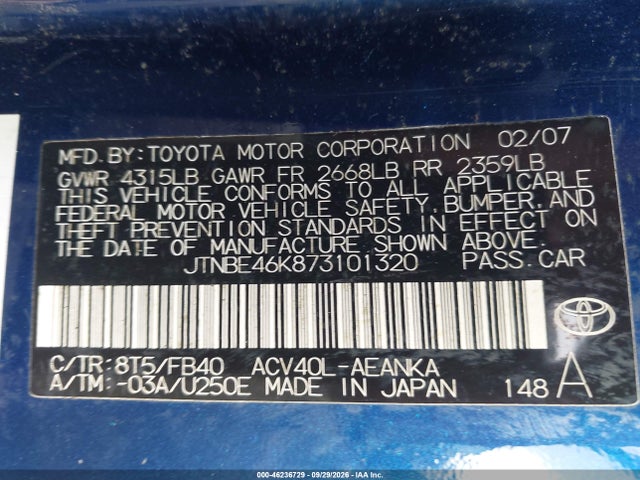 Aukcja sprzedaży 2007 Toyota Camry Le, vin: JTNBE46K873101320, numer aukcji: 46236729