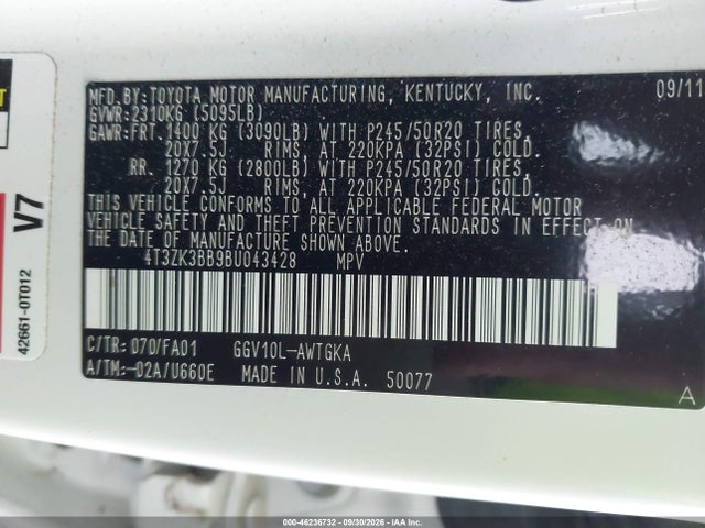 46236732 :رقم المزاد ، 4T3ZK3BB9BU043428 vin ، 2011 Toyota Venza Base V6 مزاد بيع